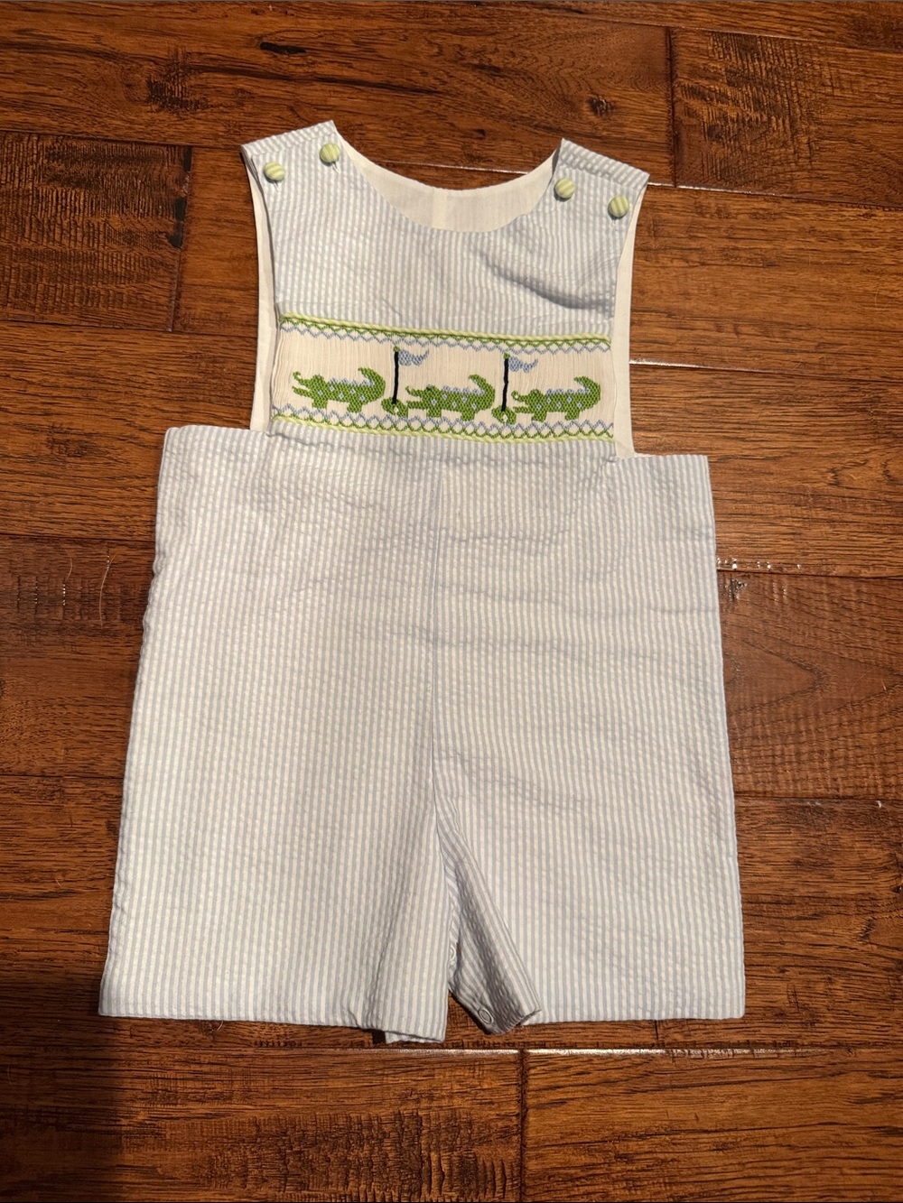 Light Blue Seersucker Alligator Smocked Boys' Shortalls